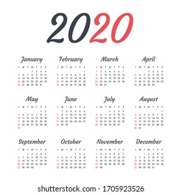 Calendar 2020 vector basic grid. Simple design template. EPS 10