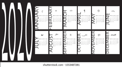 Calendar for 2020 vector black and white date, daly, cartoon modern design. 