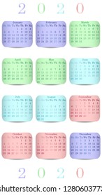 Calendar 2020 vector design. Date on the curved colored stickers 