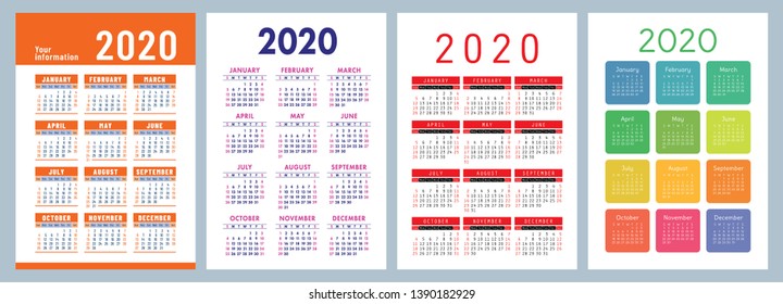 Calendar 2020. Vector design template. Colorful English calender set. Week starts on Sunday