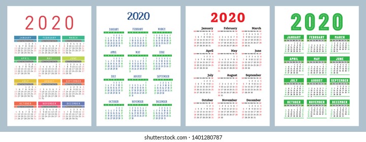 Calendar 2020. Vector design template. Colorful English calender set. Week starts on Sunday