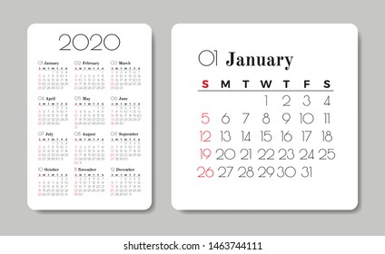 Calendar 2020. Vector design template. Week starts on Sunday.