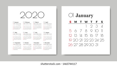 Calendar 2020. Vector design template. Week starts on Sunday.