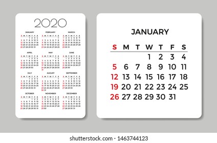 Calendar 2020. Vector design template. Week starts on Sunday.