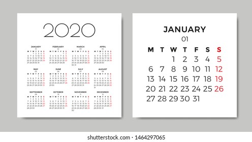 Calendar 2020. Vector design template. Week starts on Monday.