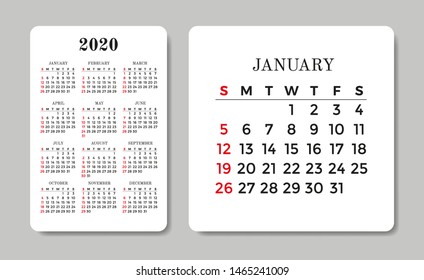 Calendar 2020. Vector design template. Week starts on Sunday.