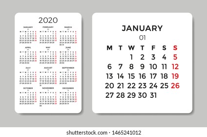 Calendar 2020. Vector design template. Week starts on Monday.