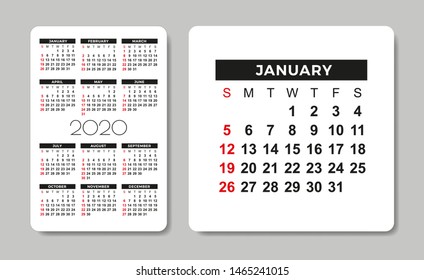 Calendar 2020. Vector design template. Week starts on Sunday.