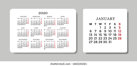 Calendar 2020. Vector design template. Week starts on Monday.