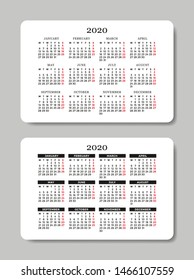 Calendar 2020. Vector design template. Week starts on Monday.