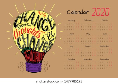 Calendar 2020. Vector design template with motivational quotes. Set of 12 months. 