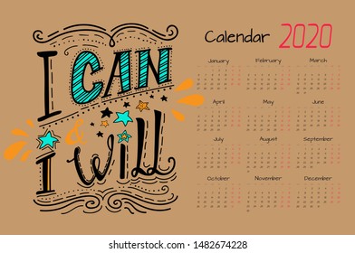 Calendar 2020. Vector design template with motivational quotes. Set of 12 months. 