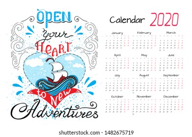 Calendar 2020. Vector design template with motivational quotes. Set of 12 months. 