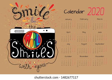 Calendar 2020. Vector design template with motivational quotes. Set of 12 months. 