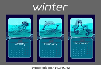 Calendar 2020. Vector design template with illustrations of sea animals - seal, whale, dolphin, crocodile, shark, turtle, crab; starfish; sea horse; jellyfish; cramp; octopus. Set of 3 months, winter.