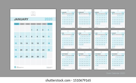 Calendar for 2020 Vector, Desk calendar 2020 template, Week Start On Sunday, Planner, Stationery, Printing, vertical artwork, blue background