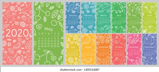 Calendar 2020. Vector English calender template. Fruits, berries. Lemon, kiwi, banana, pear, cherry, strawberry, raspberry, watermelon, grapes, apple, pomegranate and mandarin. Doodle sketch. Sunday