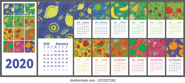 Calendar 2020. Vector English flip wall calender. Hand drawn. Fruits, berries. Lemon, kiwi, banana, pear, cherry, strawberry, raspberry, watermelon, grapes, apple, pomegranate and mandarin. Sketch