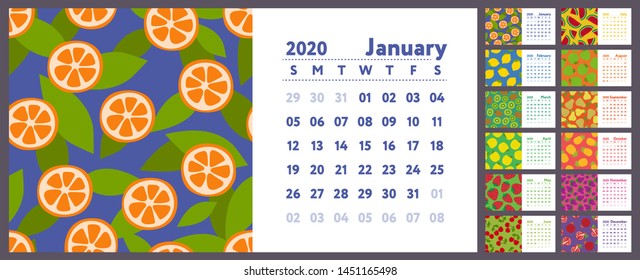 Calendar 2020. Vector English horisontal wall calender. Lemon, kiwi, pear, garnet, orange, pineapple, cherry, strawberry, watermelon, grapes, apple, pomegranate and mandarin. Fruits, berries sketch