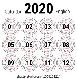 Calendar 2020. Vector English round calender. January, February, March, April, May, June, July, August, September, October, November, December. Sunday. Design template. Circle
