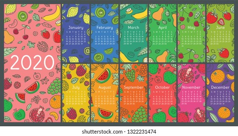 Calendar 2020. Vector English wall calender template. Fruits, berries. Lemon, kiwi, banana, pear, cherry, strawberry, raspberry, watermelon, grapes, apple, pomegranate and mandarin. Hand drawn design
