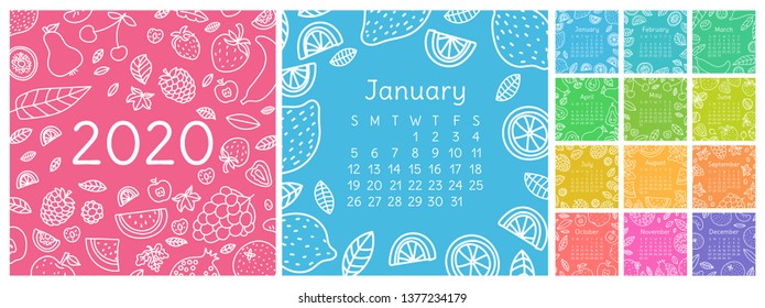 Calendar 2020. Vector English wall calender template. Fruits, berries. Lemon, kiwi, banana, pear, cherry, strawberry, raspberry, watermelon, grapes, apple, pomegranate and mandarin. Hand drawn design