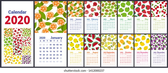 Calendar 2020. Vector English wall calender. Lemon, kiwi, pear, garnet, orange, pineapple, cherry, strawberry, watermelon, grapes, merry, apple and pomegranate. Hand drawn sketch. Fruits, berries
