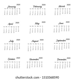 Calendar 2020 vector eps 10 with minimalistic design