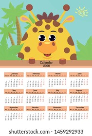 Calendar 2020. Vector giraffe poster on sky background with palm tree. The week starts on Monday. 12 months on the page. Vector illustration.