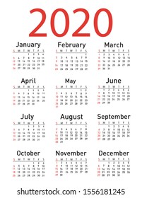 Calendar for 2020 vector illustration