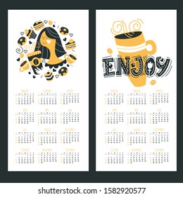 Calendar 2020. Vector illustration. Cute girl with a mug of hot drink.