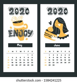 Calendar 2020. Vector illustration. Cute girl with a mug of hot drink.