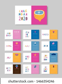 Calendar 2020. Vector illustration in pink, yellow and blue.