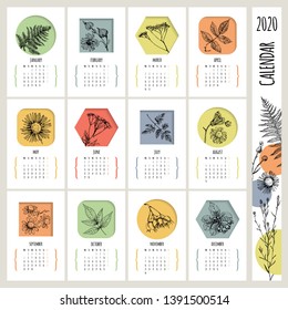 Calendar 2020. Vector illustration. Starts on Monday