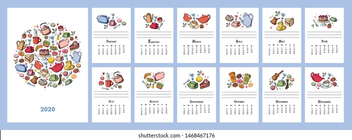 The calendar 2020 Vector Illustration Tea party with sweet desserts, cakes and donuts Coffee and fruits set