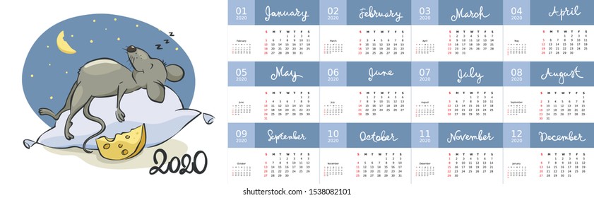 Calendar 2020 / Vector illustration to the year of the rat, template 