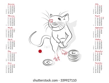 Calendar 2020 in vector isolated on white background.  The Year of the Rat. Week starts from sunday.