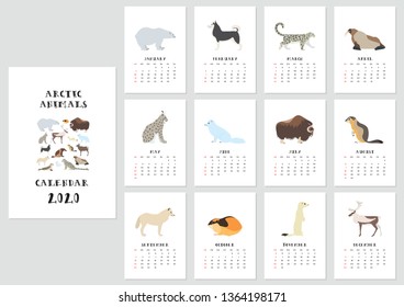 Calendar 2020. Vector monthly calendar with arctic animals