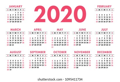 Calendar 2020 vector pocket basic grid. Simple design template