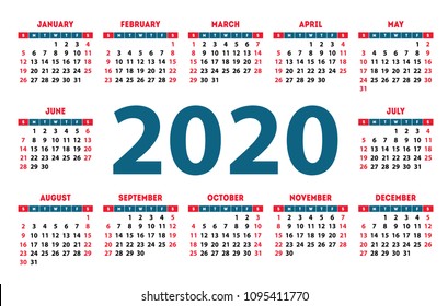 Calendar 2020 vector pocket basic grid. Simple design template