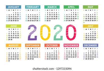 Calendar 2020 vector pocket basic grid. Colorful design template