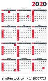 Calendar 2020 vector pocket basic grid. Calendar design template. Vector illustration.