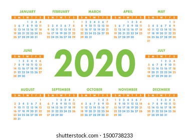 Calendar 2020 vector pocket basic grid. Simple design template