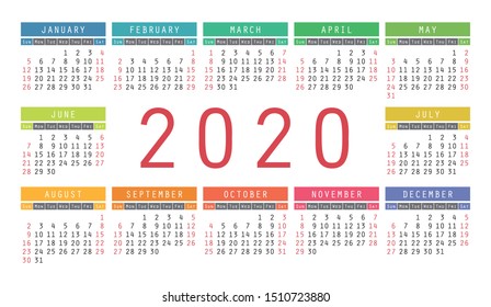 Calendar 2020 vector pocket basic grid. Simple design template