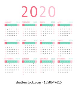 Calendar 2020 vector pocket basic grid. Simple design template