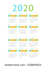 Calendar 2020 vector pocket basic grid. Simple design template