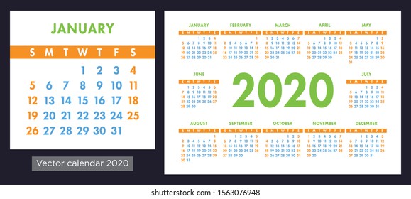 Calendar 2020 vector pocket basic grid. Simple design template. Color calender