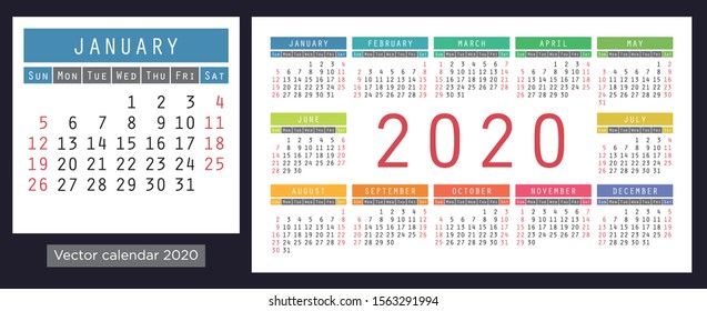 Calendar 2020 vector pocket basic grid. Simple design template. Colorful kid's calender