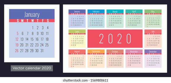 Calendar 2020 vector pocket basic grid. Simple design template. Colorful kid's calender