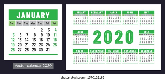 Calendar 2020 vector pocket basic grid. Simple design template. Color calender. New year